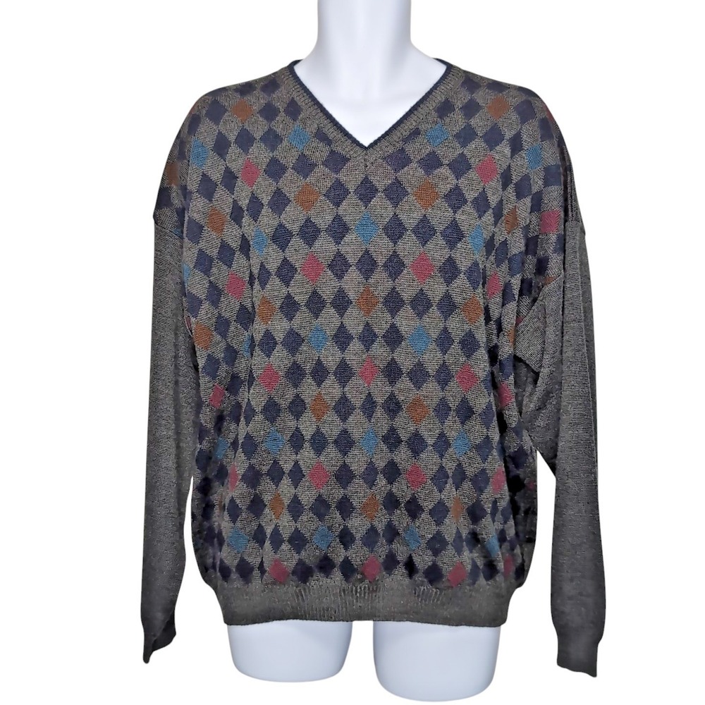 Consensus Sportswear Diamond Sweater Mens XL V-Neck Wool Blend Gray Multicolor